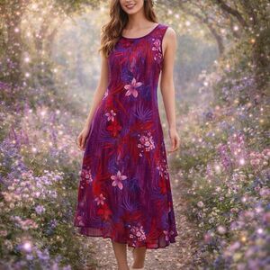 Draper's & Damon's Purple Midi Dress Floral Hawaiian Romantic Vacation PL